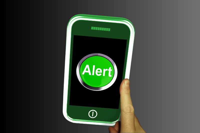 Close-up of a hand holding a smartphone displaying the word ‘ALERT’ on screen, representing emergency notification systems and the importance of opting in to receive local authority warnings.