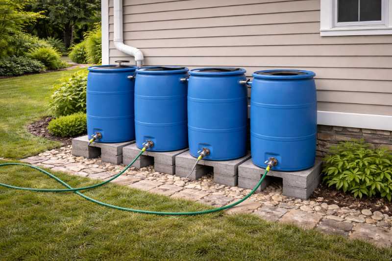 Rainwater Harvesting barrel used to capture rainwater.