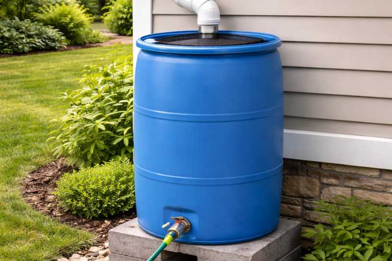 Rainwater Harvesting barrel used to capture rainwater.