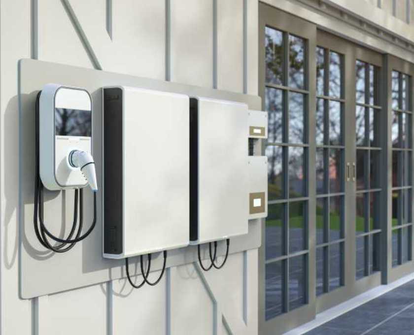 Home battery system mounted on exterior wall, part of a residential backup power setup for emergencies as example of stored electricity.